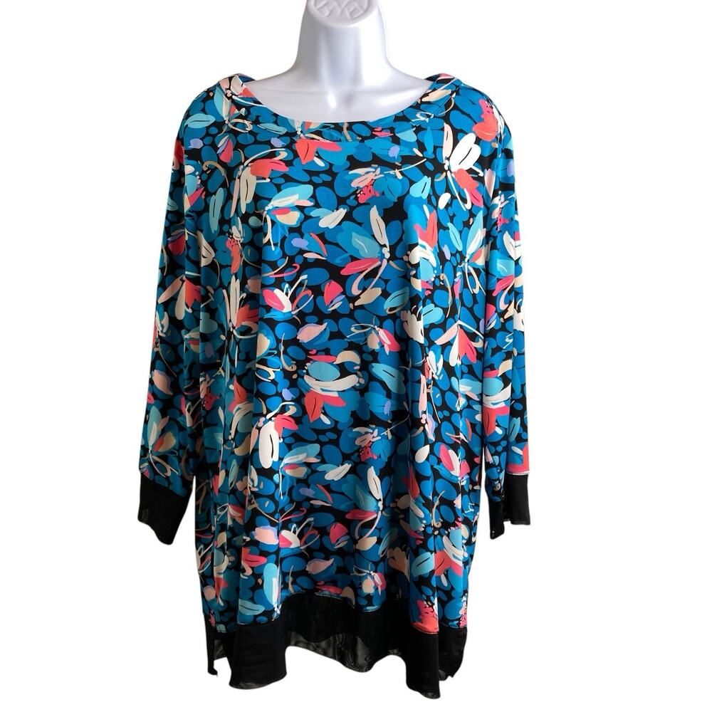 Vintage Anne Klein Women's Blue Floral Blouse Est. Size 2X Statement Fairy Boho‎